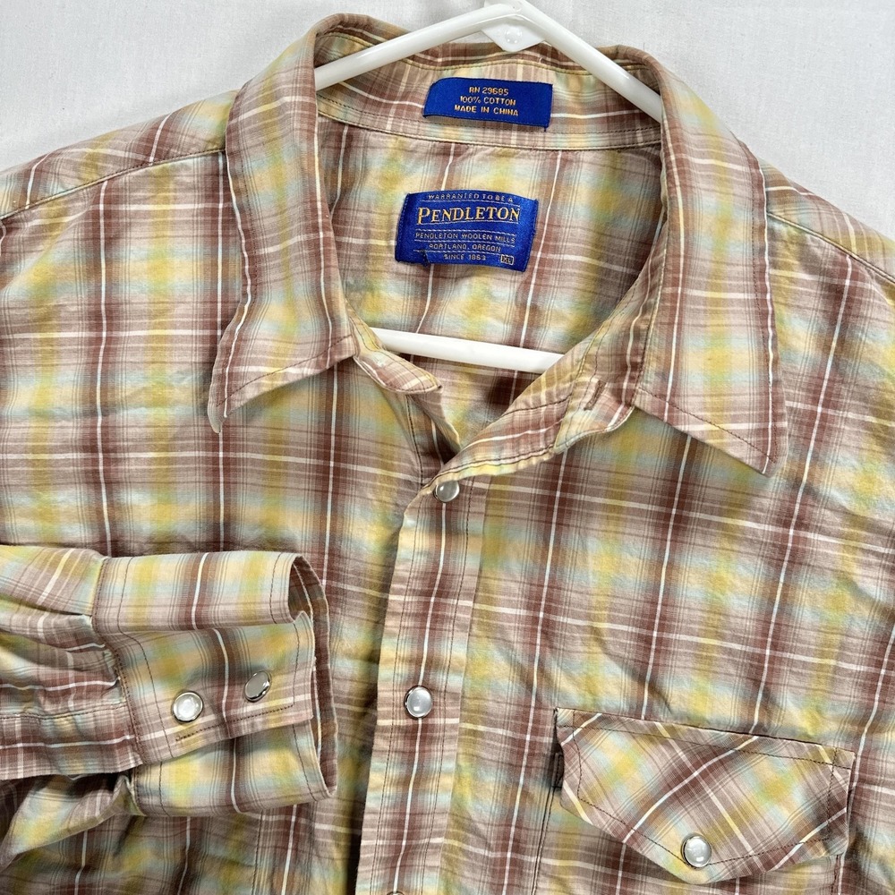 Pendleton Western Pearl Snap Shirt Mens XL Brown Plaid Long Sleeve Cowboy Casual